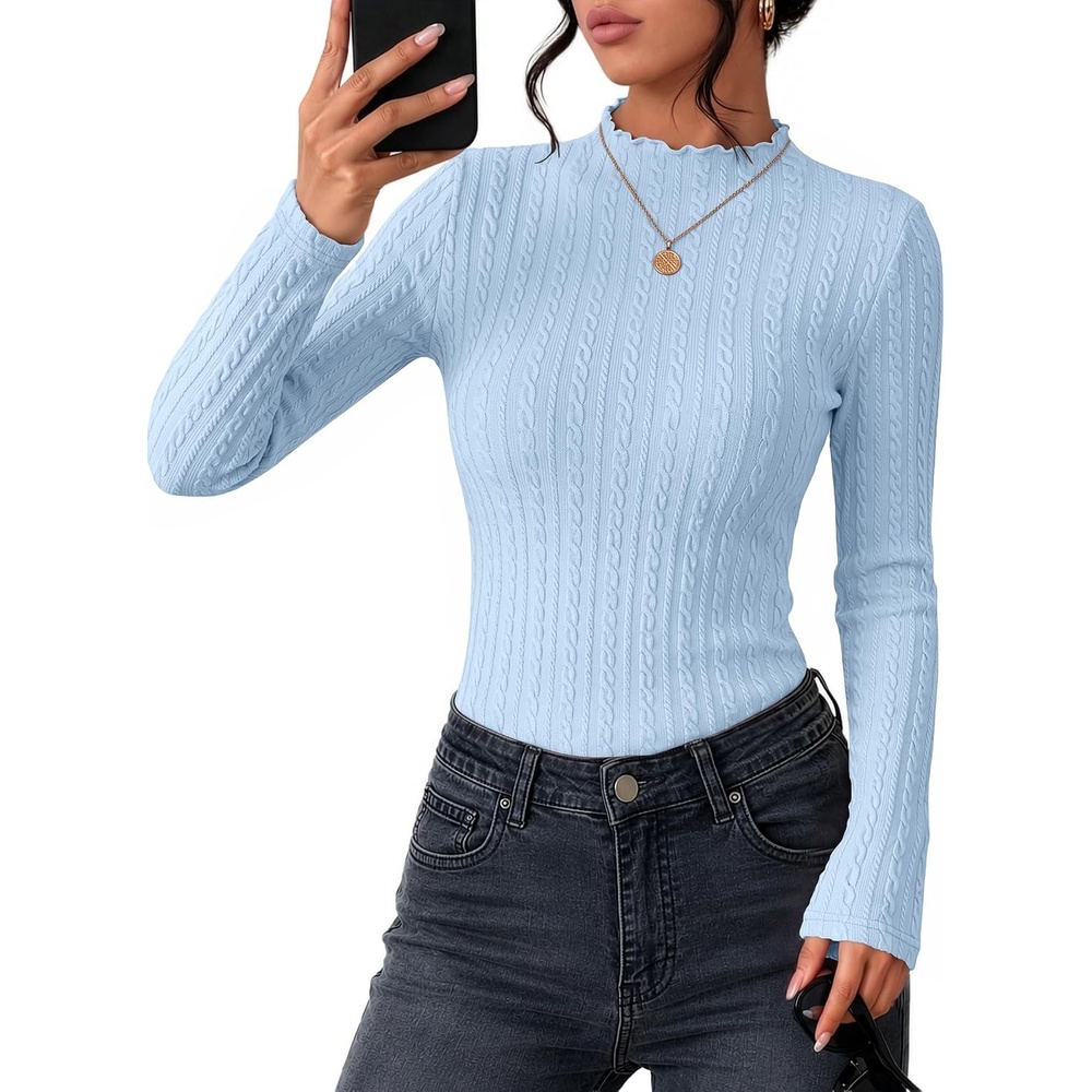 image:imageZESICA Womens Mock Neck Fall Shirts Cable Knit Lightweight Long Sleeve Top Slim Fit Basic Tee Lightweight Soft Undershirts Cute Casual Blouse Fall Winter Fashion OutfitsLight Blue