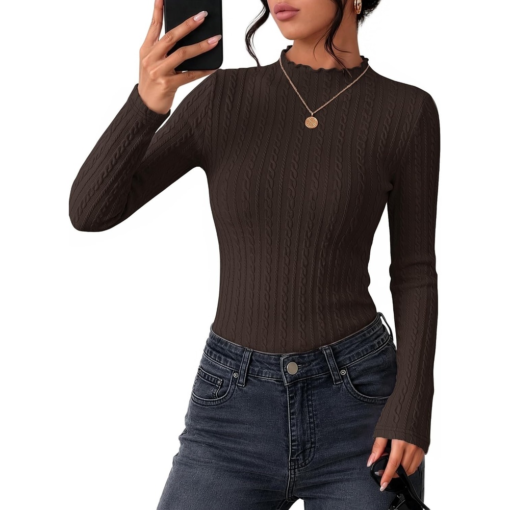 image:imageZESICA Womens Mock Neck Fall Shirts Cable Knit Lightweight Long Sleeve Top Slim Fit Basic Tee Lightweight Soft Undershirts Cute Casual Blouse Fall Winter Fashion OutfitsCofffe Brown