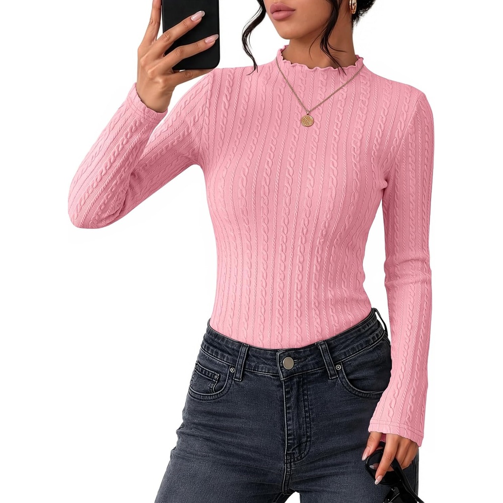 image:imageZESICA Womens Mock Neck Fall Shirts Cable Knit Lightweight Long Sleeve Top Slim Fit Basic Tee Lightweight Soft Undershirts Cute Casual Blouse Fall Winter Fashion OutfitsPink