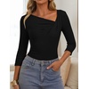 ZESICA Womens 3/4 Sleeve Asymmetrical Fall Shirts Ruched Going Out Tops | Slim Fit Tee Shirts, Dressy Casual Work Blouse, Cute Trendy Soft Undershirts, Spring Summer Fall Outfits(Black)