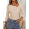 ZESICA Womens 3/4 Sleeve Asymmetrical Fall Shirts Ruched Going Out Tops | Slim Fit Tee Shirts, Dressy Casual Work Blouse, Cute Trendy Soft Undershirts, Spring Summer Fall Outfits(Apricot)