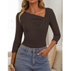 ZESICA Womens 3/4 Sleeve Asymmetrical Fall Shirts Ruched Going Out Tops | Slim Fit Tee Shirts, Dressy Casual Work Blouse, Cute Trendy Soft Undershirts, Spring Summer Fall Outfits(Coffee Brown)