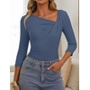 ZESICA Womens 3/4 Sleeve Asymmetrical Fall Shirts Ruched Going Out Tops | Slim Fit Tee Shirts, Dressy Casual Work Blouse, Cute Trendy Soft Undershirts, Spring Summer Fall Outfits(Dusty Blue)
