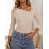 ZESICA Womens 3/4 Sleeve Asymmetrical Fall Shirts Ruched Going Out Tops | Slim Fit Tee Shirts, Dressy Casual Work Blouse, Cute Trendy Soft Undershirts, Spring Summer Fall Outfits(Sand)