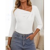ZESICA Womens 3/4 Sleeve Asymmetrical Fall Shirts Ruched Going Out Tops | Slim Fit Tee Shirts, Dressy Casual Work Blouse, Cute Trendy Soft Undershirts, Spring Summer Fall Outfits(White)