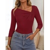 ZESICA Womens 3/4 Sleeve Asymmetrical Fall Shirts Ruched Going Out Tops | Slim Fit Tee Shirts, Dressy Casual Work Blouse, Cute Trendy Soft Undershirts, Spring Summer Fall Outfits(Burgundy)