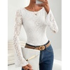 ZESICA Women’s Floral Lace Long Sleeve Boat Neck Going Out Tops | Bell Sleeve, Slim Fit, Ruched Waist Blouses, Business Casual, Date Night, Y2K Outfits, Fall Winter Layering Clothing(White)