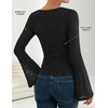 ZESICA Women’s Floral Lace Long Sleeve Boat Neck Going Out Tops | Bell Sleeve, Slim Fit, Ruched Waist Blouses, Business Casual, Date Night, Y2K Outfits, Fall Winter Layering Clothing(Black)