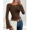 ZESICA Women’s Floral Lace Long Sleeve Boat Neck Going Out Tops | Bell Sleeve, Slim Fit, Ruched Waist Blouses, Business Casual, Date Night, Y2K Outfits, Fall Winter Layering Clothing(Brown)