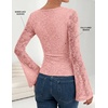 ZESICA Women’s Floral Lace Long Sleeve Boat Neck Going Out Tops | Bell Sleeve, Slim Fit, Ruched Waist Blouses, Business Casual, Date Night, Y2K Outfits, Fall Winter Layering Clothing(Pink)