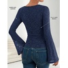 ZESICA Women’s Floral Lace Long Sleeve Boat Neck Going Out Tops | Bell Sleeve, Slim Fit, Ruched Waist Blouses, Business Casual, Date Night, Y2K Outfits, Fall Winter Layering Clothing(Navy)