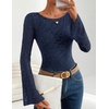ZESICA Women’s Floral Lace Long Sleeve Boat Neck Going Out Tops | Bell Sleeve, Slim Fit, Ruched Waist Blouses, Business Casual, Date Night, Y2K Outfits, Fall Winter Layering Clothing(Navy)