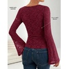 ZESICA Women’s Floral Lace Long Sleeve Boat Neck Going Out Tops | Bell Sleeve, Slim Fit, Ruched Waist Blouses, Business Casual, Date Night, Y2K Outfits, Fall Winter Layering Clothing(Wine)