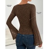 ZESICA Women’s Floral Lace Long Sleeve Boat Neck Going Out Tops | Bell Sleeve, Slim Fit, Ruched Waist Blouses, Business Casual, Date Night, Y2K Outfits, Fall Winter Layering Clothing(Brown)