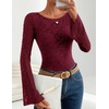 ZESICA Women’s Floral Lace Long Sleeve Boat Neck Going Out Tops | Bell Sleeve, Slim Fit, Ruched Waist Blouses, Business Casual, Date Night, Y2K Outfits, Fall Winter Layering Clothing(Wine)