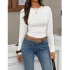 ZESICA Women’s Long Sleeve Cinched Waist Going Out Tops | Ruched Waist, Crewneck, Batwing, Stretchy, Chic Crop Top, 2026 Fall Fashion, Trendy Blouse, Y2K, Date Night, Business Casual(White)