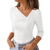 ZESICA Womens 3/4 Sleeve Asymmetrical Fall Shirts Ruched Going Out Tops | Slim Fit Tee Shirts, Dressy Casual Work Blouse, Cute Trendy Soft Undershirts, Spring Summer Fall Outfits(White)