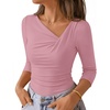 ZESICA Womens 3/4 Sleeve Asymmetrical Fall Shirts Ruched Going Out Tops | Slim Fit Tee Shirts, Dressy Casual Work Blouse, Cute Trendy Soft Undershirts, Spring Summer Fall Outfits(Pink)