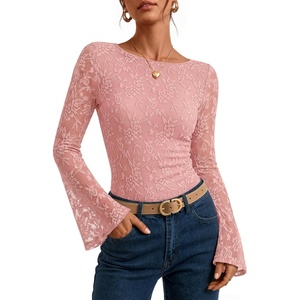 ZESICA Women’s Floral Lace Long Sleeve Boat Neck Going Out Tops | Bell Sleeve, Slim Fit, Ruched Waist Blouses, Business Casual, Date Night, Y2K Outfits, Fall Winter Layering Clothing(Pink)
