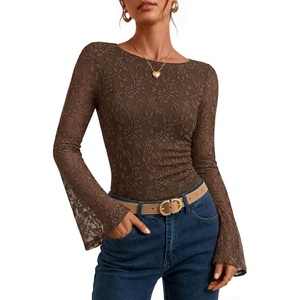 ZESICA Women’s Floral Lace Long Sleeve Boat Neck Going Out Tops | Bell Sleeve, Slim Fit, Ruched Waist Blouses, Business Casual, Date Night, Y2K Outfits, Fall Winter Layering Clothing(Brown)