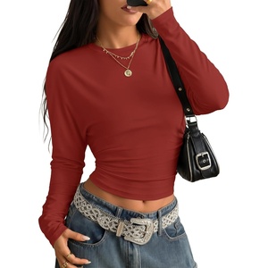 ZESICA Women’s Long Sleeve Cinched Waist Going Out Tops | Ruched Waist, Crewneck, Batwing, Stretchy, Chic Crop Top, 2026 Fall Fashion, Trendy Blouse, Y2K, Date Night, Business Casual(Darkred)