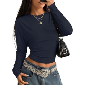 ZESICA Women’s Long Sleeve Cinched Waist Going Out Tops | Ruched Waist, Crewneck, Batwing, Stretchy, Chic Crop Top, 2026 Fall Fashion, Trendy Blouse, Y2K, Date Night, Business Casual(Navy)