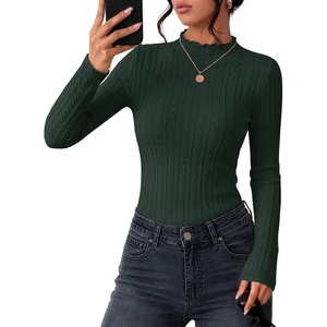 ZESICA Womens Mock Neck Fall Shirts Cable Knit Lightweight Long Sleeve Top | Slim Fit Basic Tee, Lightweight Soft Undershirts, Cute Casual Blouse, Fall Winter Fashion Outfits(Green)
