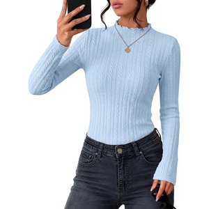 ZESICA Womens Mock Neck Fall Shirts Cable Knit Lightweight Long Sleeve Top | Slim Fit Basic Tee, Lightweight Soft Undershirts, Cute Casual Blouse, Fall Winter Fashion Outfits(Light Blue)