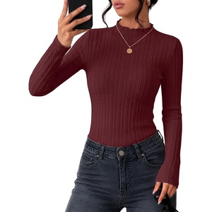 ZESICA Womens Mock Neck Fall Shirts Cable Knit Lightweight Long Sleeve Top | Slim Fit Basic Tee, Lightweight Soft Undershirts, Cute Casual Blouse, Fall Winter Fashion Outfits(Burgundy)