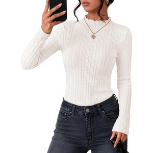ZESICA Womens Mock Neck Fall Shirts Cable Knit Lightweight Long Sleeve Top | Slim Fit Basic Tee, Lightweight Soft Undershirts, Cute Casual Blouse, Fall Winter Fashion Outfits(White)