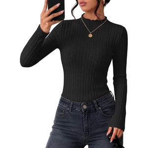 ZESICA Womens Mock Neck Fall Shirts Cable Knit Lightweight Long Sleeve Top | Slim Fit Basic Tee, Lightweight Soft Undershirts, Cute Casual Blouse, Fall Winter Fashion Outfits(Black)