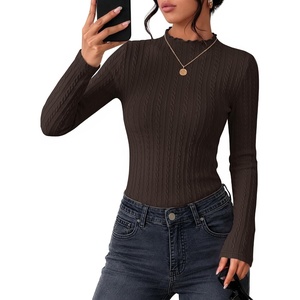 ZESICA Womens Mock Neck Fall Shirts Cable Knit Lightweight Long Sleeve Top | Slim Fit Basic Tee, Lightweight Soft Undershirts, Cute Casual Blouse, Fall Winter Fashion Outfits(Cofffe Brown)