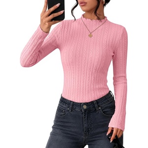 ZESICA Womens Mock Neck Fall Shirts Cable Knit Lightweight Long Sleeve Top | Slim Fit Basic Tee, Lightweight Soft Undershirts, Cute Casual Blouse, Fall Winter Fashion Outfits(Pink)