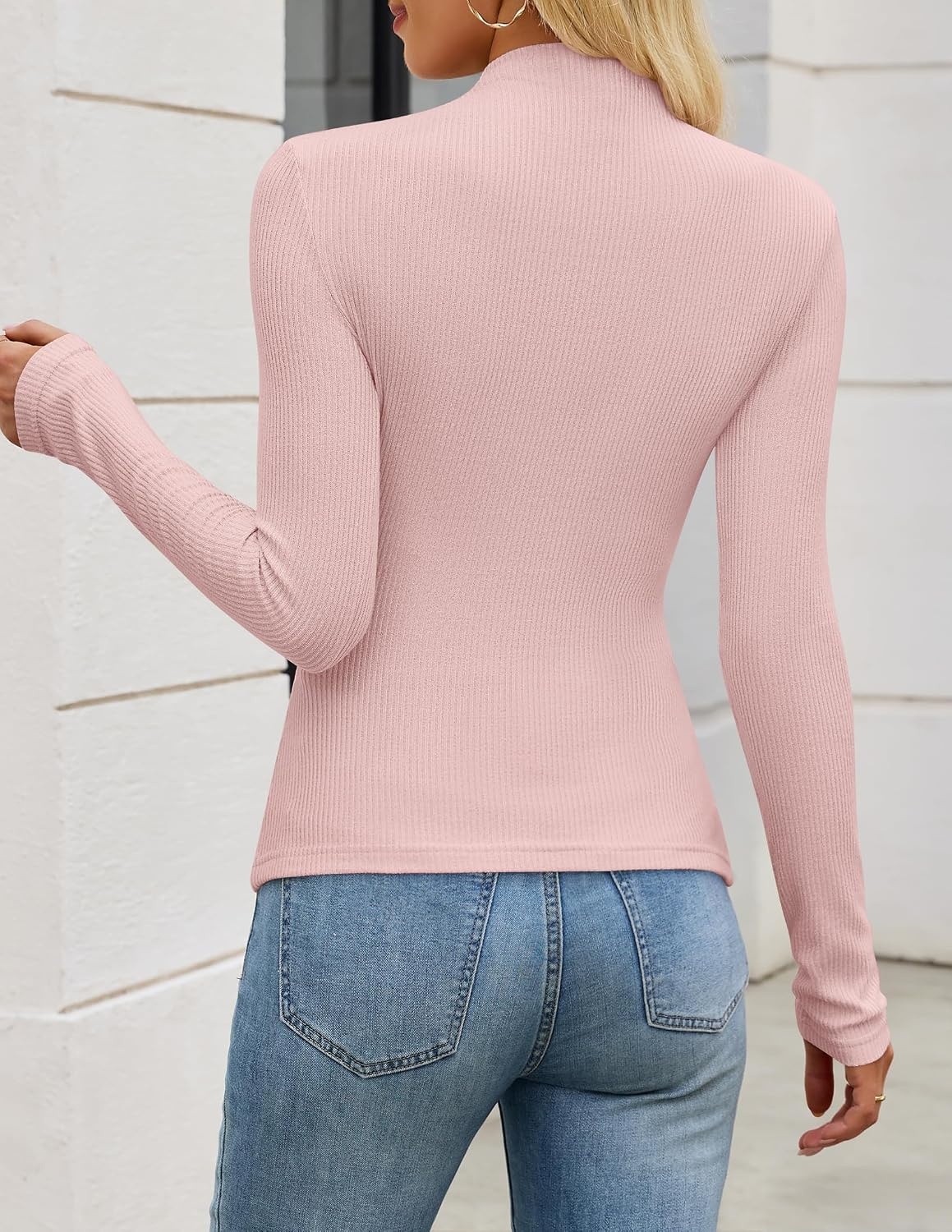 image:imageZESICA Womens 2026 Fall Long Sleeve Mock Neck Tops Going Out Knit Shirts Slim Fit TopsRibbed Sweater TopsStretchyLightweight2026 Casual Basic shirtsBusiness Casual OutfitsFashion ClothesSakura Pink
