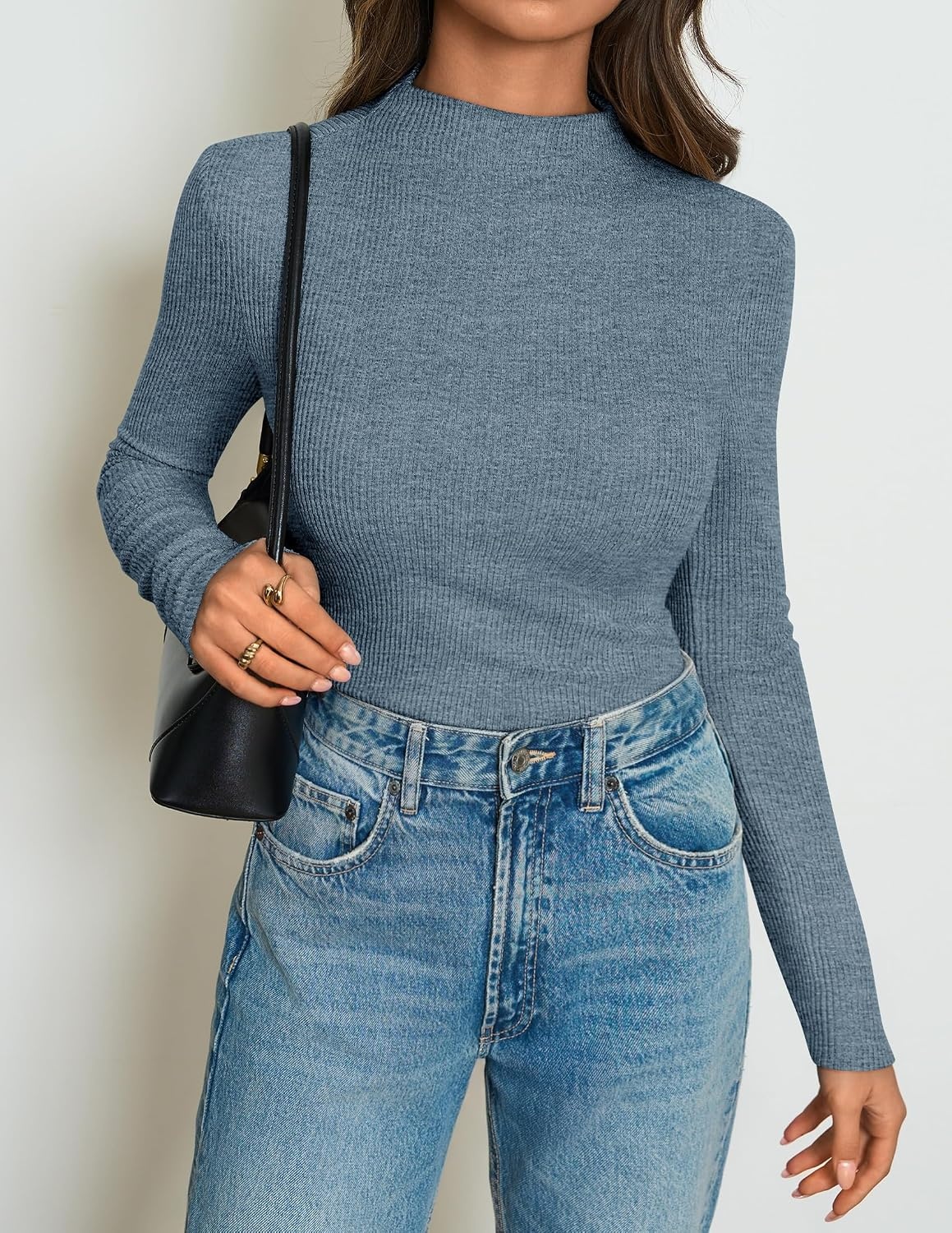 image:imageZESICA Womens 2026 Fall Long Sleeve Mock Neck Tops Going Out Knit Shirts Slim Fit TopsRibbed Sweater TopsStretchyLightweight2026 Casual Basic shirtsBusiness Casual OutfitsFashion ClothesDusty Blue