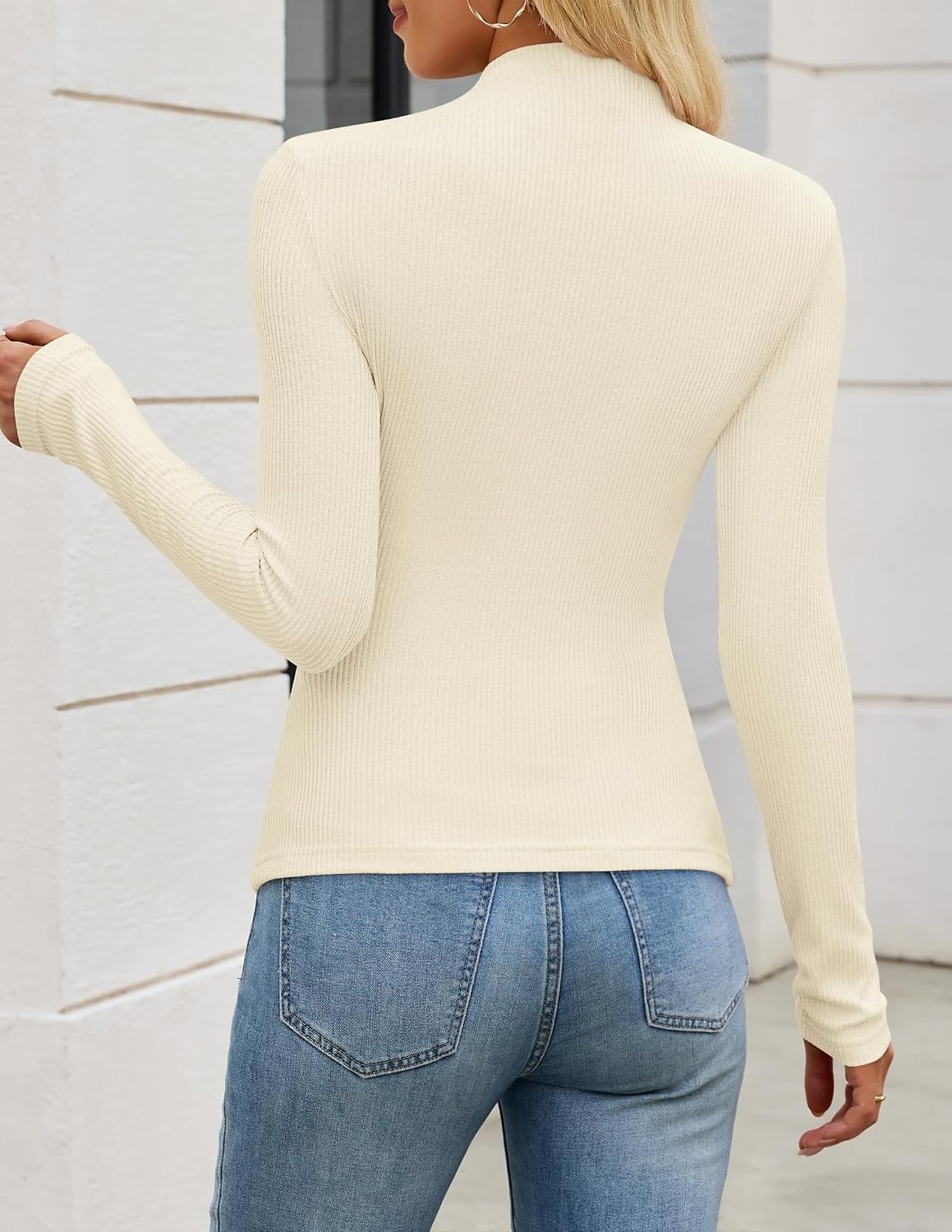 image:imageZESICA Womens 2026 Fall Long Sleeve Mock Neck Tops Going Out Knit Shirts Slim Fit TopsRibbed Sweater TopsStretchyLightweight2026 Casual Basic shirtsBusiness Casual OutfitsFashion ClothesApricot