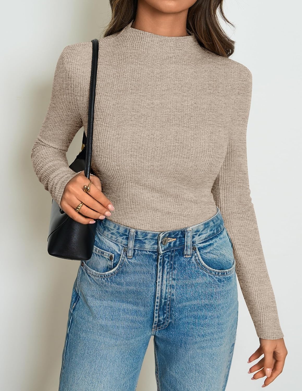 image:imageZESICA Womens 2026 Fall Long Sleeve Mock Neck Tops Going Out Knit Shirts Slim Fit TopsRibbed Sweater TopsStretchyLightweight2026 Casual Basic shirtsBusiness Casual OutfitsFashion ClothesLight Khaki