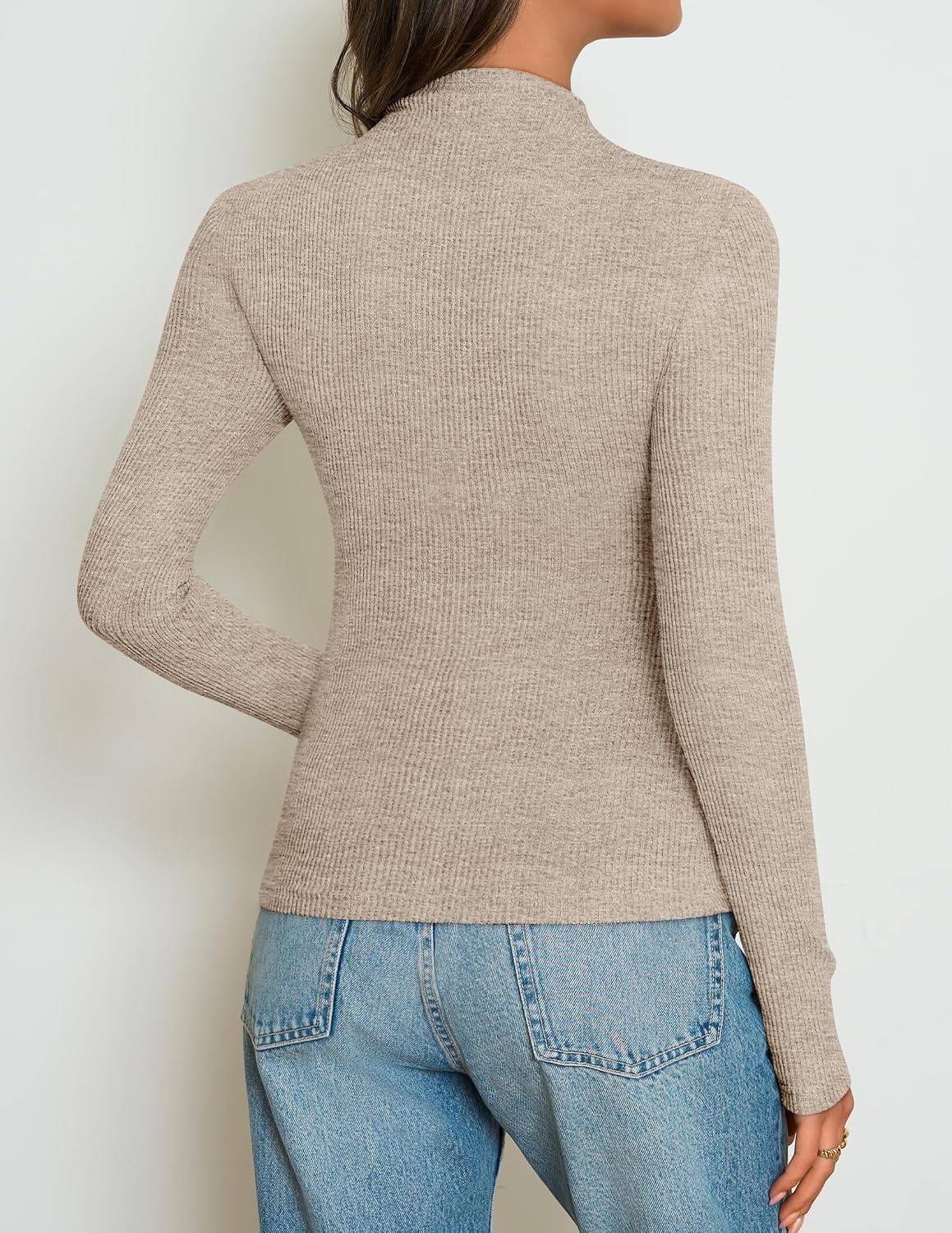 image:imageZESICA Womens 2026 Fall Long Sleeve Mock Neck Tops Going Out Knit Shirts Slim Fit TopsRibbed Sweater TopsStretchyLightweight2026 Casual Basic shirtsBusiness Casual OutfitsFashion ClothesLight Khaki