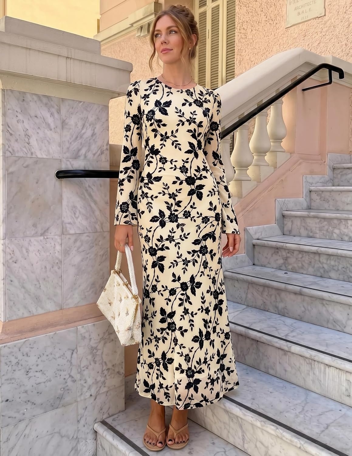 image:imageZESICA Womens Long Sleeve Floral Bodycon Dress 2026 Spring Fall Ruched Mesh Wedding Guest Cocktail Party Maxi DressesFloral Apricot