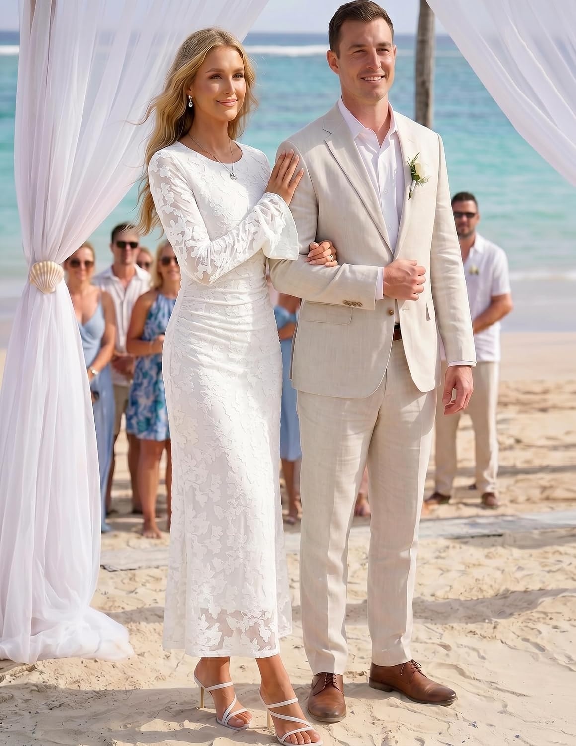 image:imageZESICA Womens Long Sleeve Floral Bodycon Dress 2026 Spring Fall Ruched Mesh Wedding Guest Cocktail Party Maxi DressesWhite