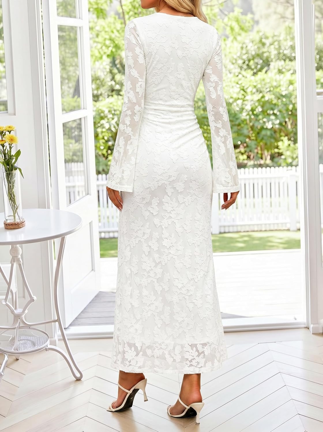 image:imageZESICA Womens Long Sleeve Floral Bodycon Dress 2026 Spring Fall Ruched Mesh Wedding Guest Cocktail Party Maxi DressesWhite