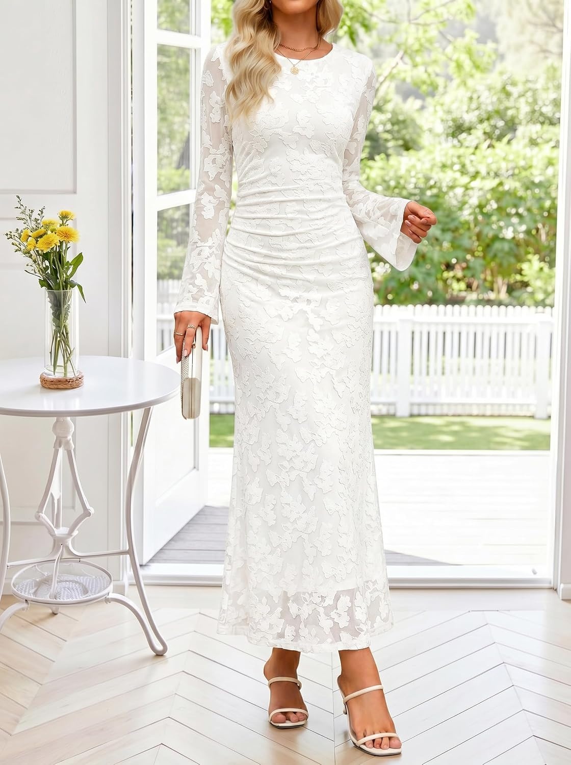 image:imageZESICA Womens Long Sleeve Floral Bodycon Dress 2026 Spring Fall Ruched Mesh Wedding Guest Cocktail Party Maxi DressesWhite