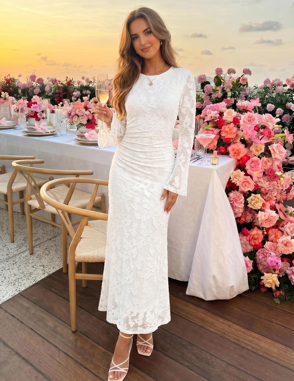 image:imageZESICA Womens Long Sleeve Floral Bodycon Dress 2026 Spring Fall Ruched Mesh Wedding Guest Cocktail Party Maxi DressesWhite