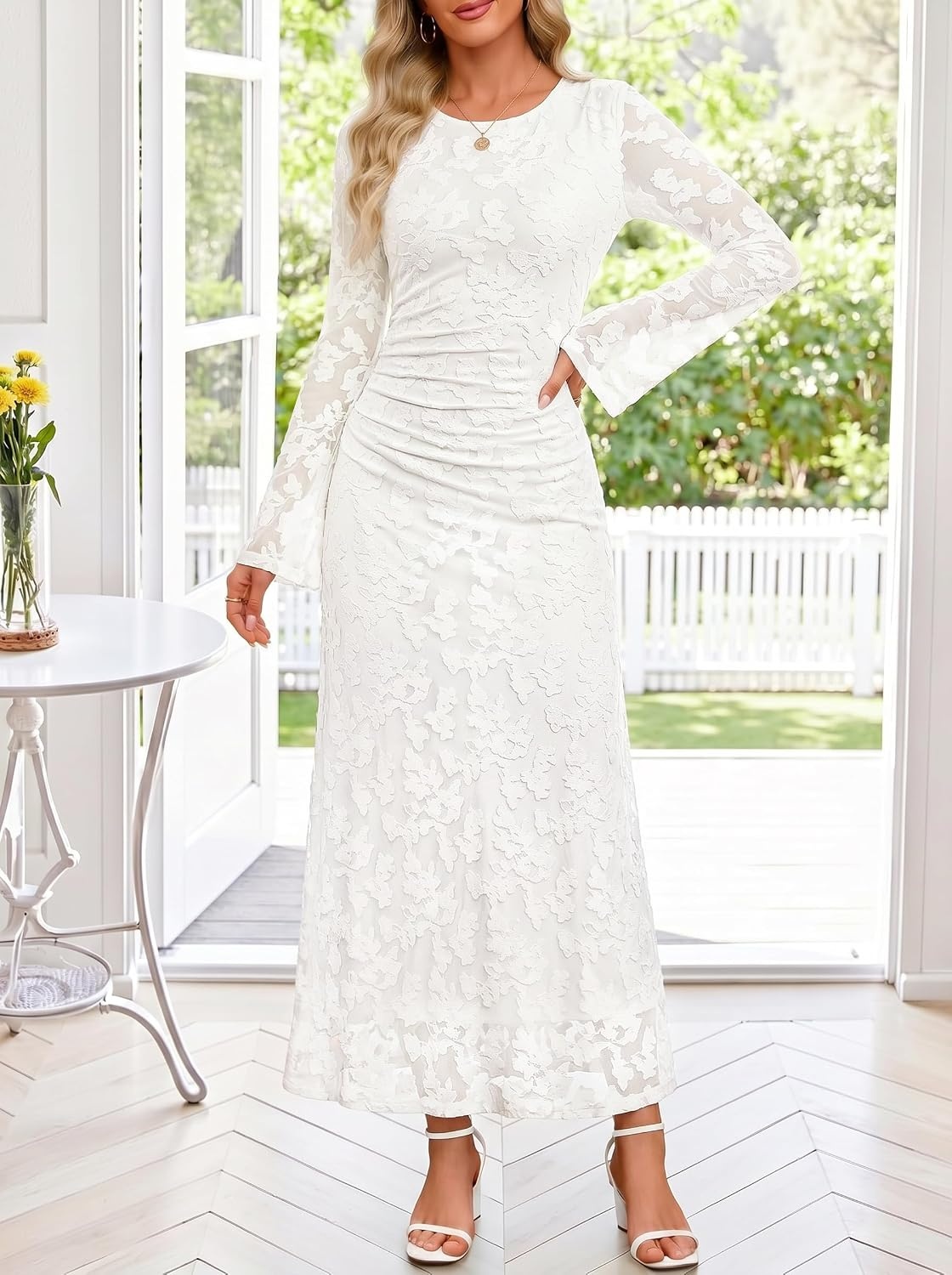 image:imageZESICA Womens Long Sleeve Floral Bodycon Dress 2026 Spring Fall Ruched Mesh Wedding Guest Cocktail Party Maxi DressesWhite