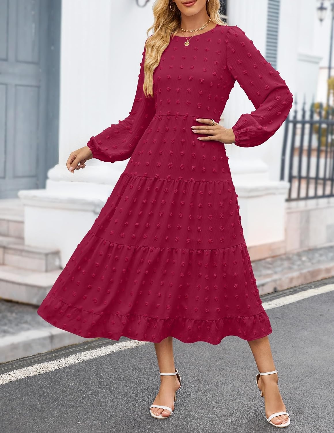 image:imageZESICA Womens Long Sleeve Swiss Dot Maxi Wedding Guest Dresses Flowy A Line Boho Long Dress Elegant Cocktail Party Holiday Church Dresses Bridal Shower Going Out Clothes 2026Wine Red