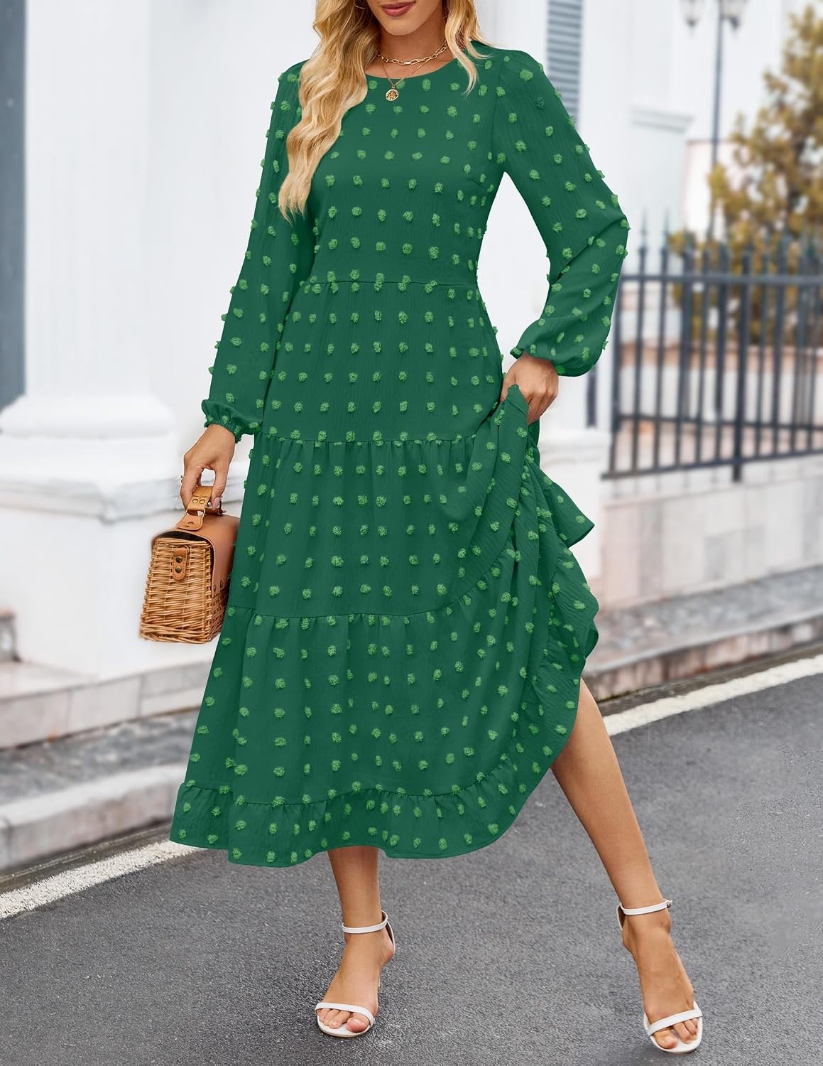 image:imageZESICA Womens Long Sleeve Swiss Dot Maxi Wedding Guest Dresses Flowy A Line Boho Long Dress Elegant Cocktail Party Holiday Church Dresses Bridal Shower Going Out Clothes 2026Green