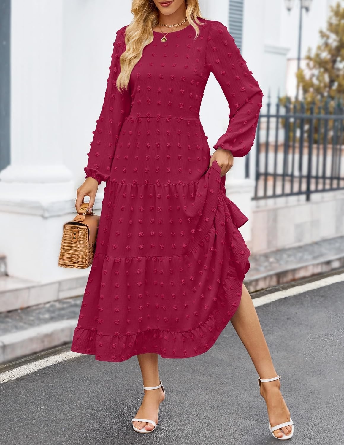 image:imageZESICA Womens Long Sleeve Swiss Dot Maxi Wedding Guest Dresses Flowy A Line Boho Long Dress Elegant Cocktail Party Holiday Church Dresses Bridal Shower Going Out Clothes 2026Wine Red