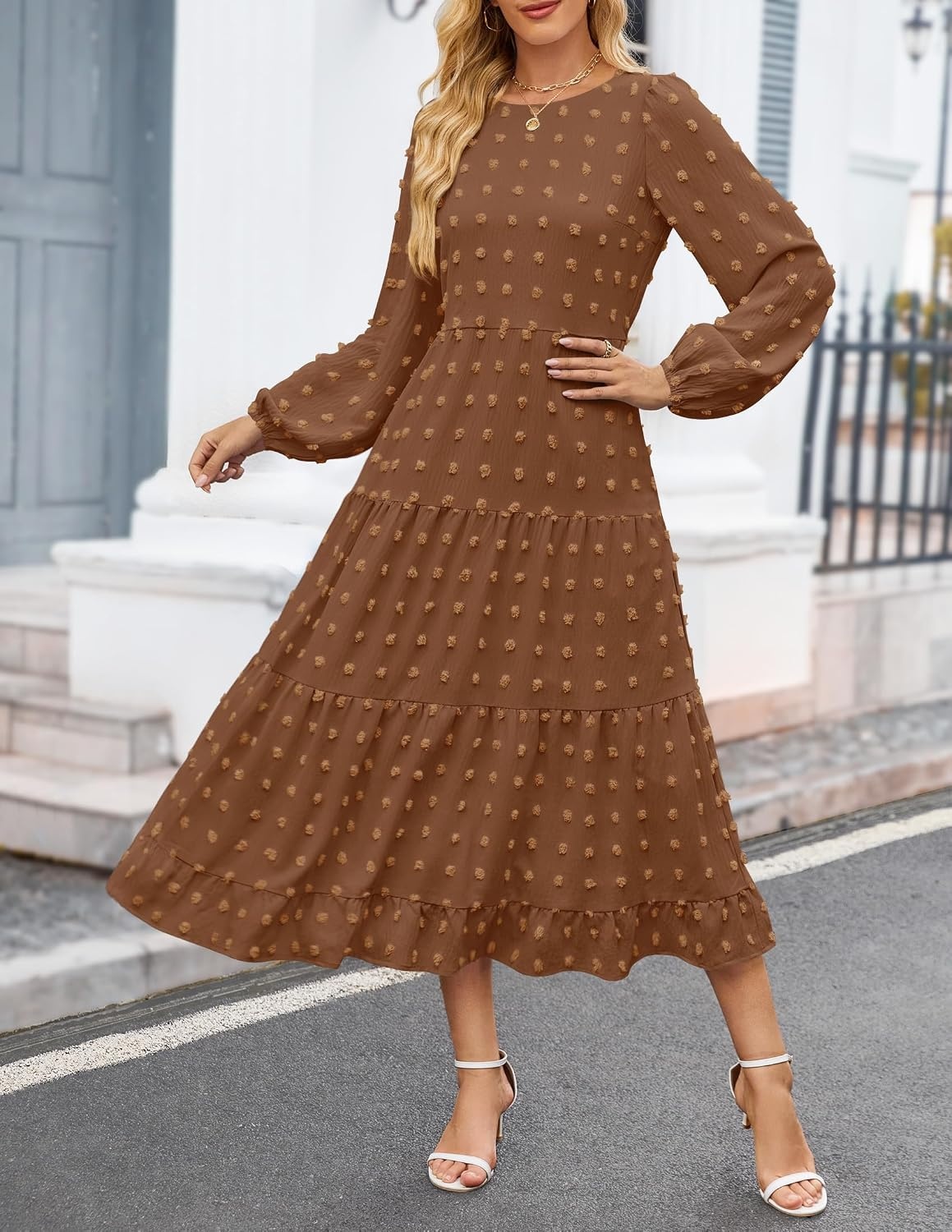image:imageZESICA Womens Long Sleeve Swiss Dot Maxi Wedding Guest Dresses Flowy A Line Boho Long Dress Elegant Cocktail Party Holiday Church Dresses Bridal Shower Going Out Clothes 2026Brown