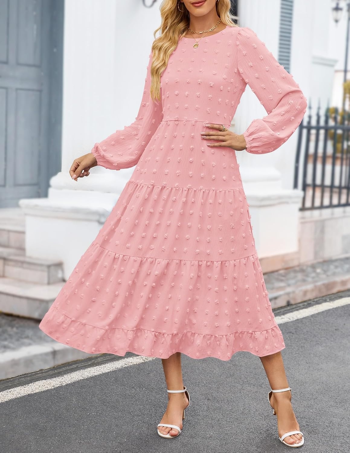 image:imageZESICA Womens Long Sleeve Swiss Dot Maxi Wedding Guest Dresses Flowy A Line Boho Long Dress Elegant Cocktail Party Holiday Church Dresses Bridal Shower Going Out Clothes 2026Pink