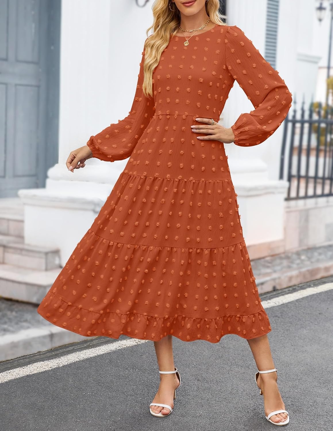 image:imageZESICA Womens Long Sleeve Swiss Dot Maxi Wedding Guest Dresses Flowy A Line Boho Long Dress Elegant Cocktail Party Holiday Church Dresses Bridal Shower Going Out Clothes 2026Brick Red